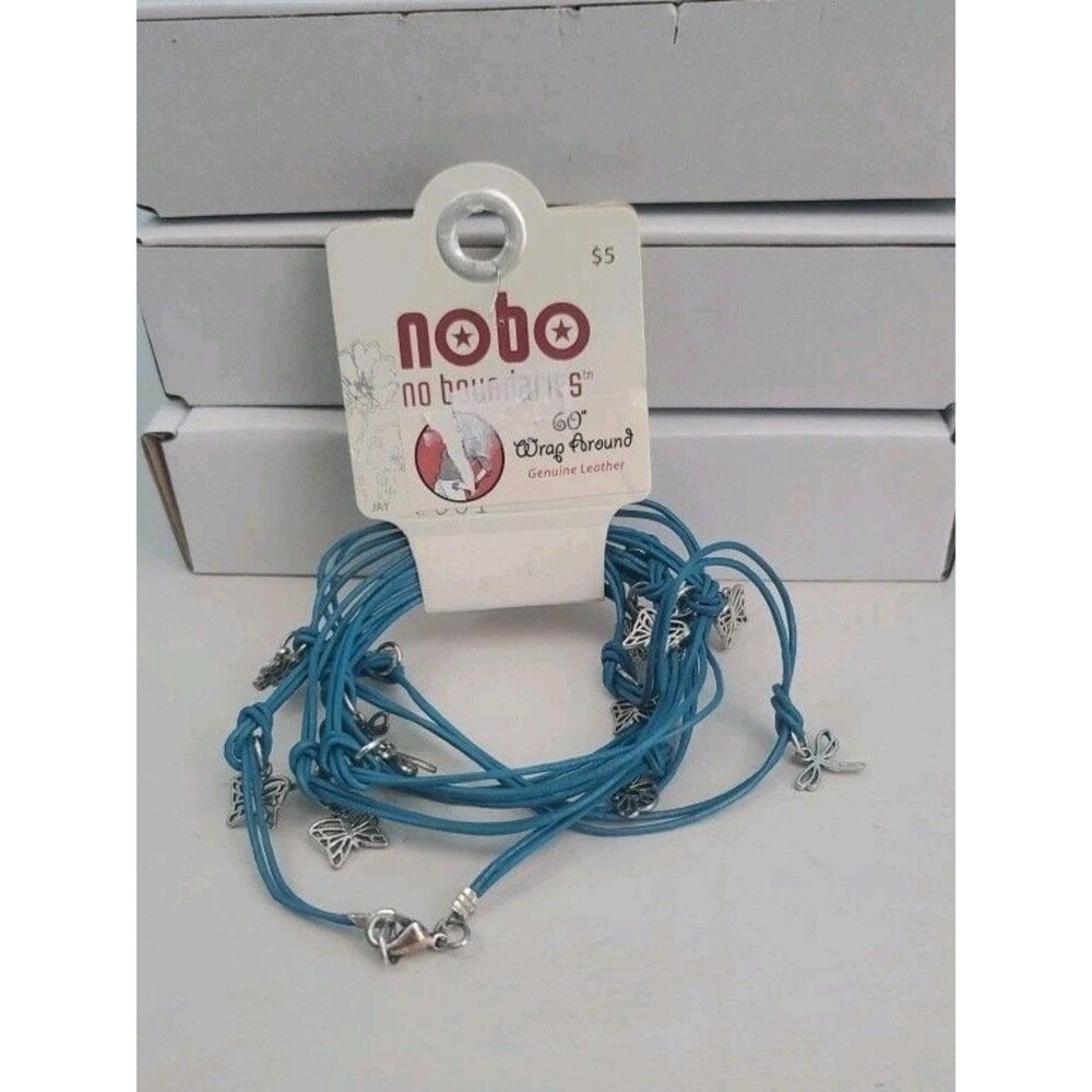 Boundaries 60" Blue Leather Wrap Necklace / Bracelet Butterfly Boho Fairy